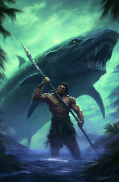 A man with a spear and a shark in the water