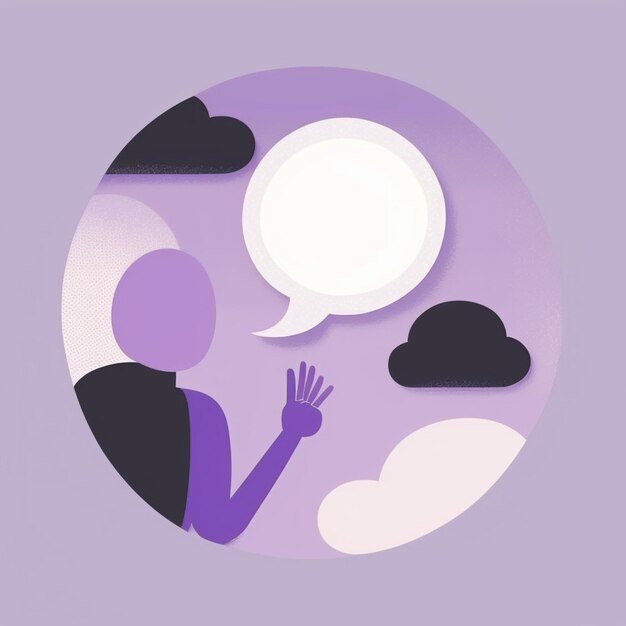 A man with a speech bubble on the purple background.