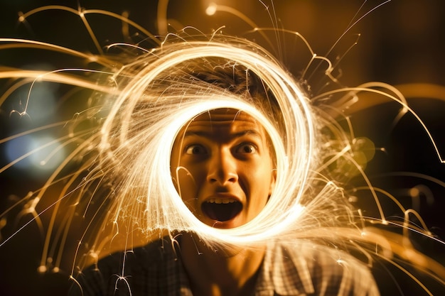 A man with a sprinkler in his mouth is surrounded by sparklers.