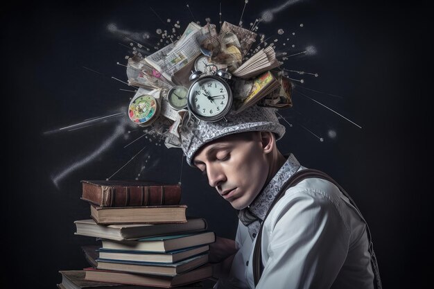 Man with a stack of books and clock on his head contemporary art collage