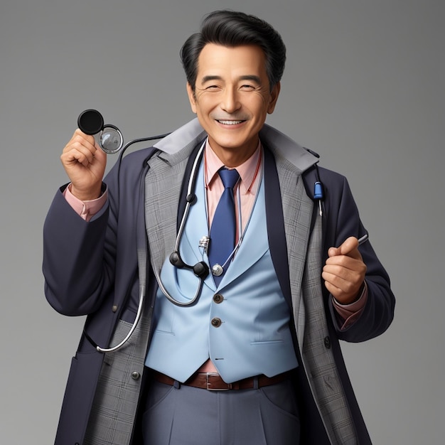 A man with a stethoscope on his coat is smiling with doctor