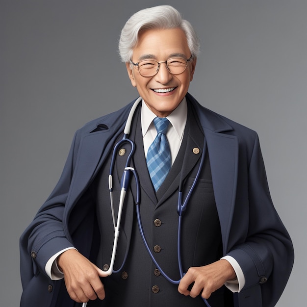 A man with a stethoscope on his coat is smiling with doctor
