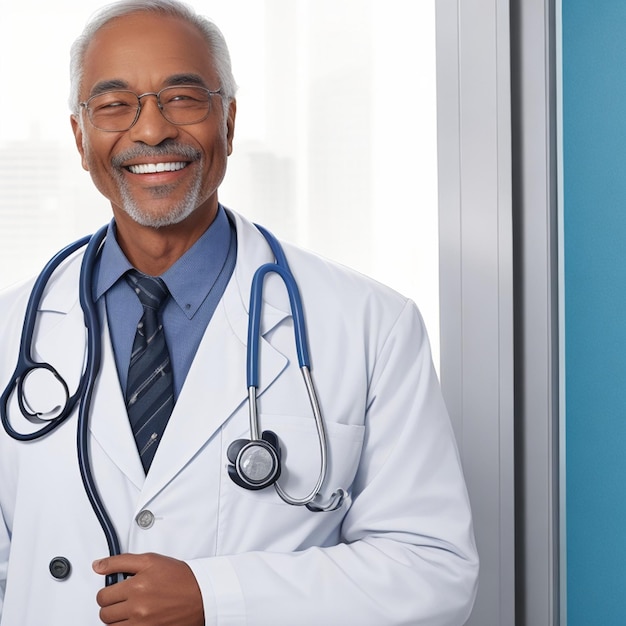 A man with a stethoscope on his coat is smiling with doctor