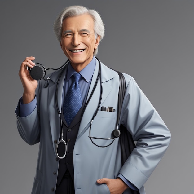 A man with a stethoscope on his coat is smiling with doctor