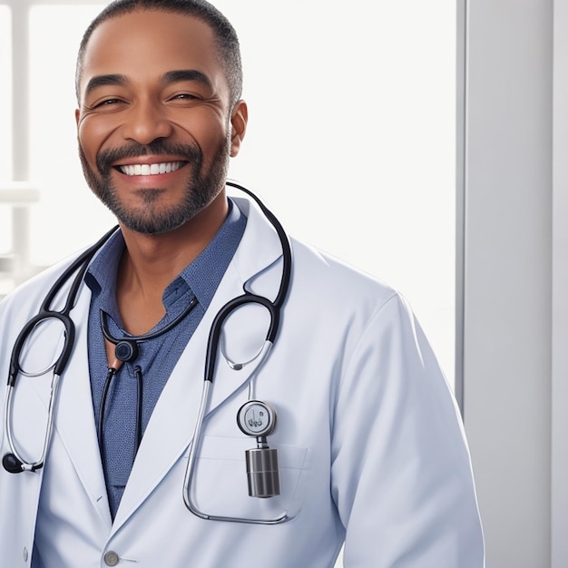 Мужчина со стетоскопом на пальто улыбается доктору.