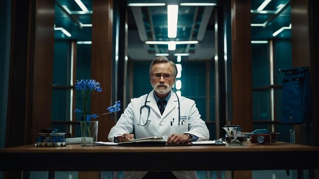 a man with a stethoscope on his neck sits at a desk