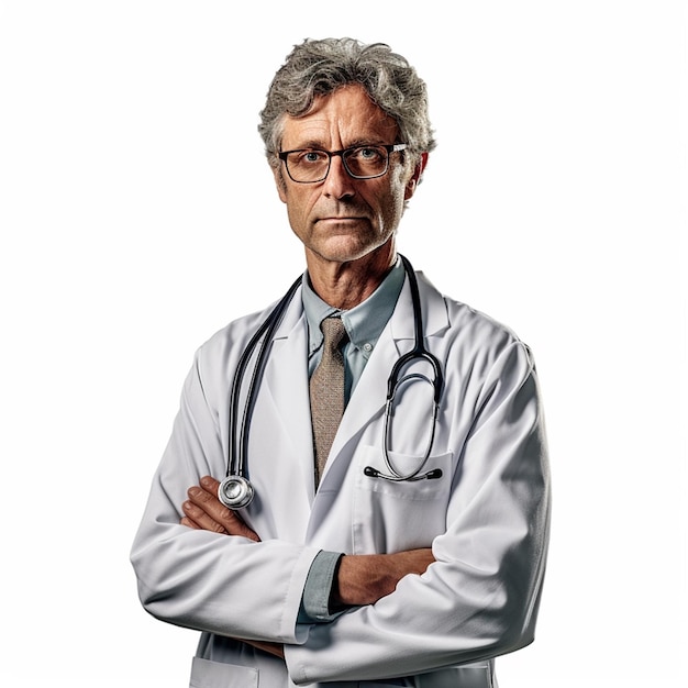 A man with a stethoscope on his neck stands with his arms crossed.
