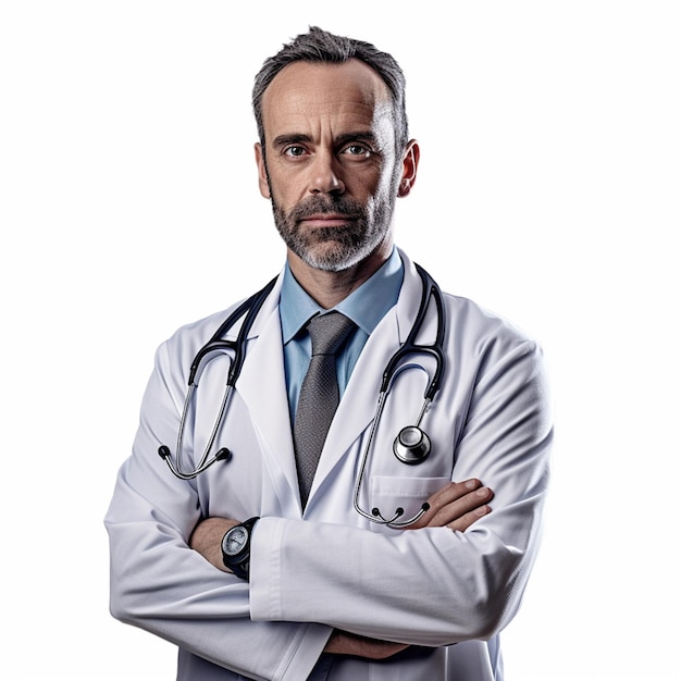 A man with a stethoscope on his neck stands with his arms crossed.