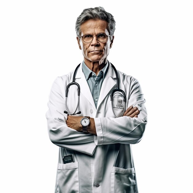 A man with a stethoscope on his shirt is standing with his arms crossed.