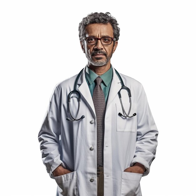 A man with a stethoscope on his shirt is wearing a white lab coat.