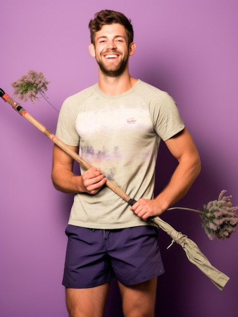 A man with a stick and a t - shirt that says " the word " on it.