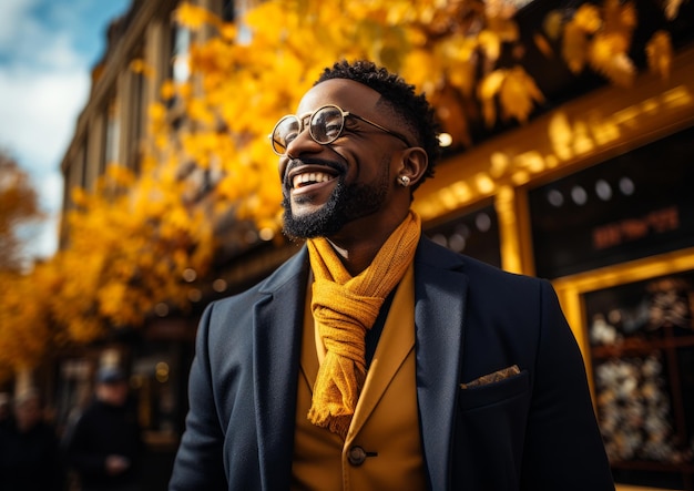 A man with a stylish outfit featuring a yellow scarf and black jacket A man wearing a yellow scarf and black jacket