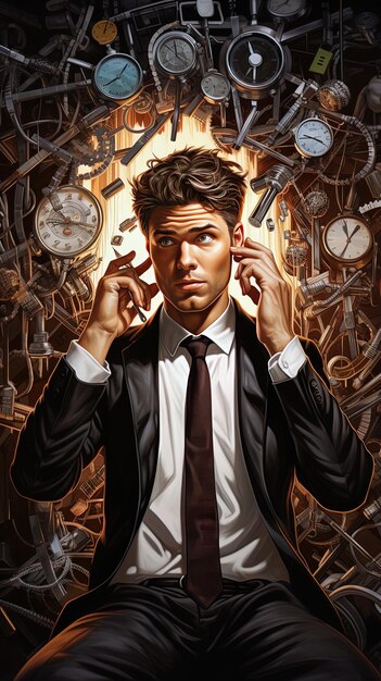 Photo a man with a suit on and a clock behind him