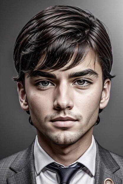 a man with a suit and tie looking at the camera with a serious look on his face and a badge on his l