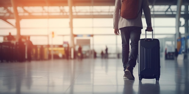 Foto uomo con una valigia nel terminal dell'aeroporto ai generativa