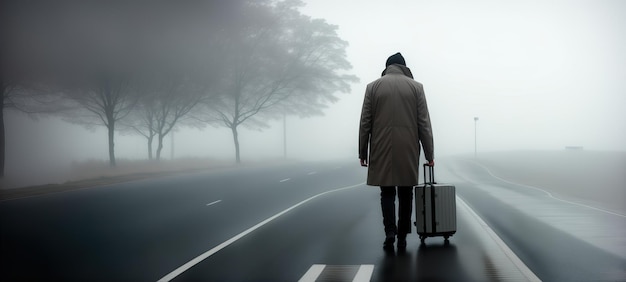 Man with suitcase on empty road back view banner Generative AI