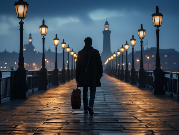 a man with a suitcase walking on a bridge at night