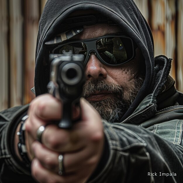 a man with sunglasses and a beard is pointing a gun