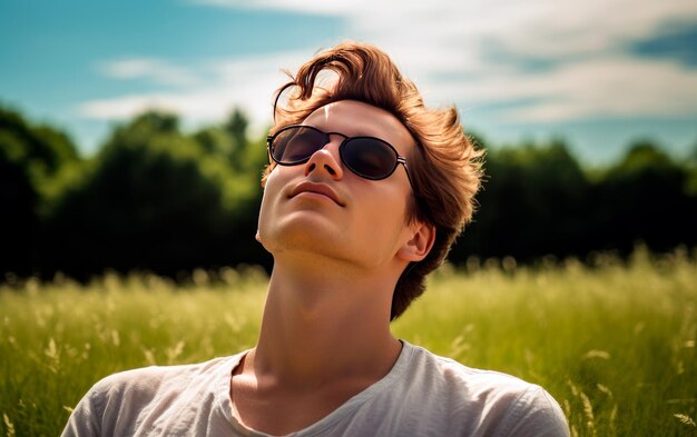 Man with sunglasses breathing fresh air in the forest with closed eyes