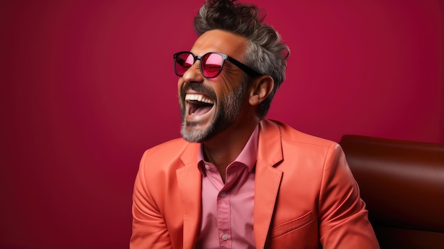 Photo a man with sunglasses on and a pink background