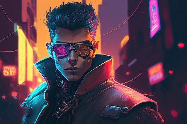 Man with sunglasses wearing a neon night hero illustration in a futuristic neon lit cyberpunk city