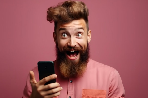 A man with a surprised expression is holding a phone in his hands