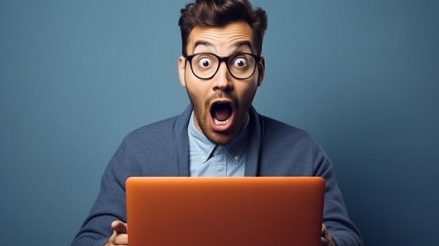 a man with a surprised expression is looking at a laptop screen.