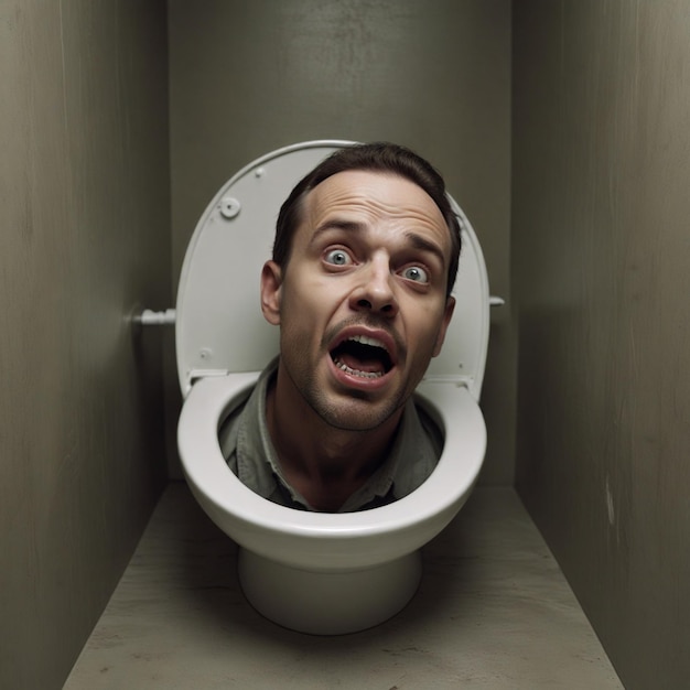 Photo a man with a surprised face is looking into a toilet