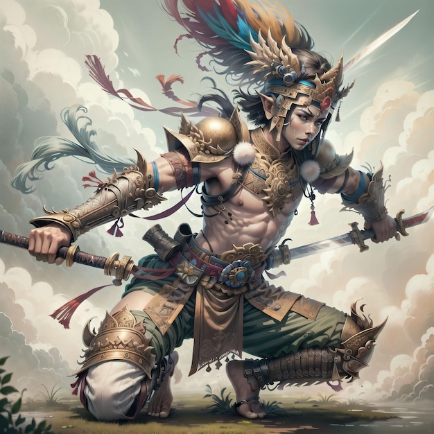 A man with a sword and a feather on his head is standing in a fantasy style.