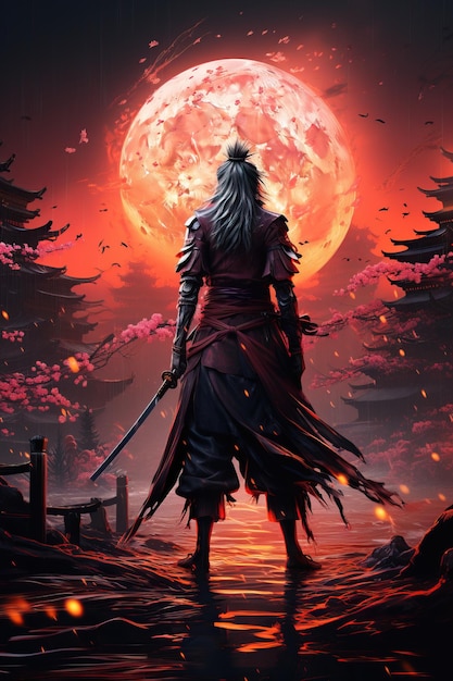 a man with a sword looking at the moon