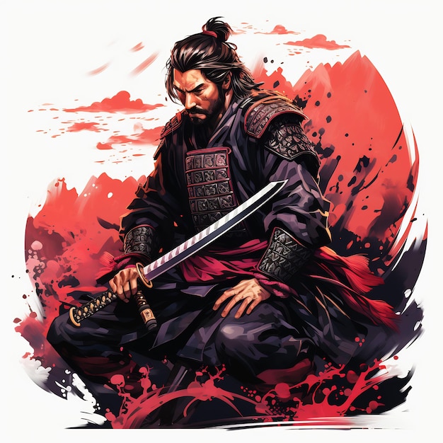 a man with a sword and a red background