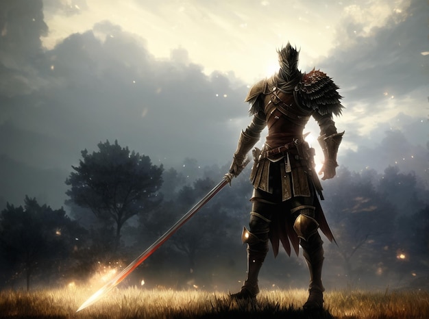 A man with a sword stands in front of a cloudy sky.