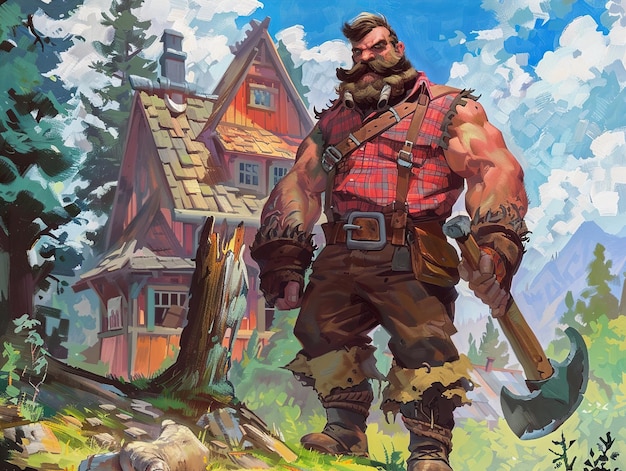 a man with a sword stands in front of a house