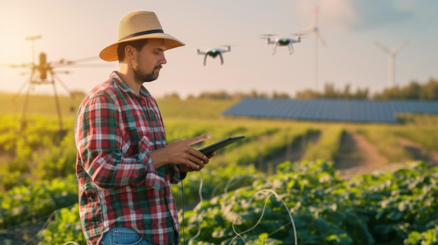 Foto uomo con tablet che controlla il drone in un paesaggio naturale