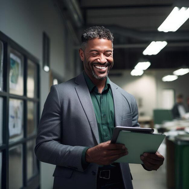 Photo a man with a tablet in his hands smiles