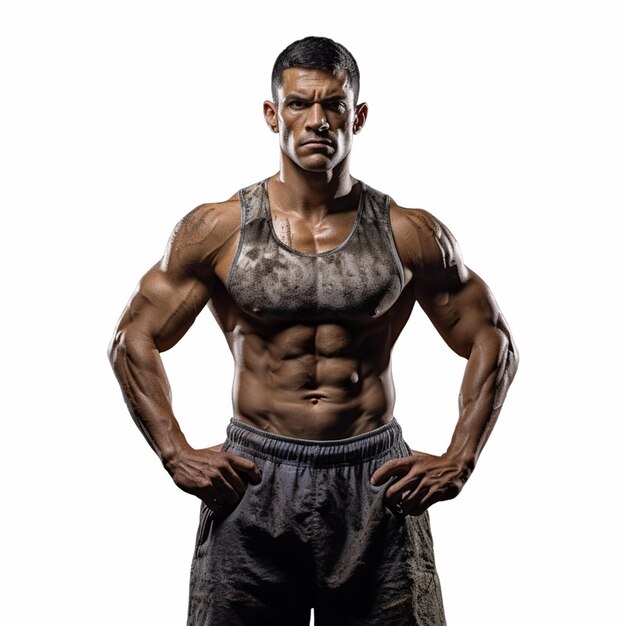 Photo a man with a tank top and shorts stands in front of a white background.