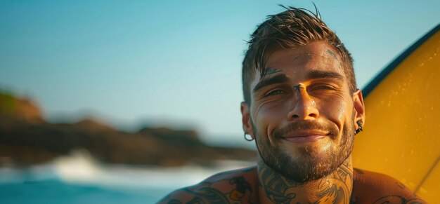 man with tattoo on front of surfboard at beach