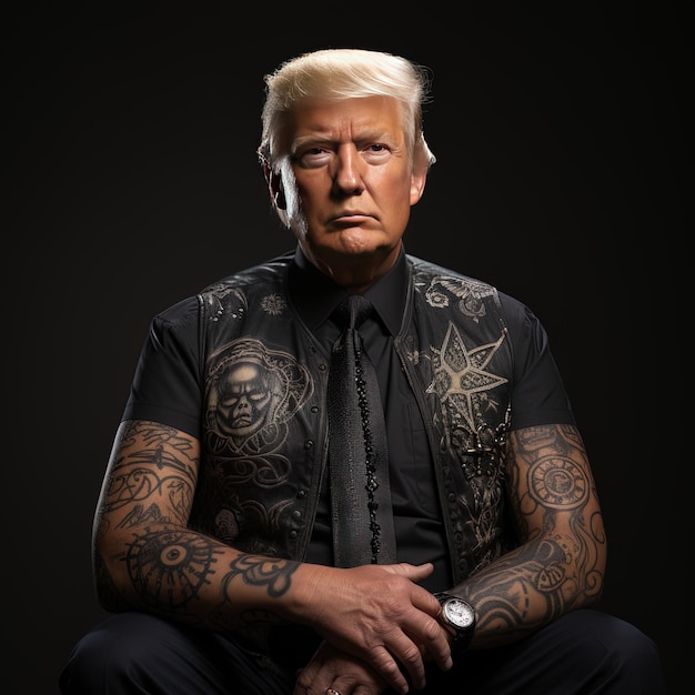 Photo a man with a tattoo on his arm is sitting in front of a black background