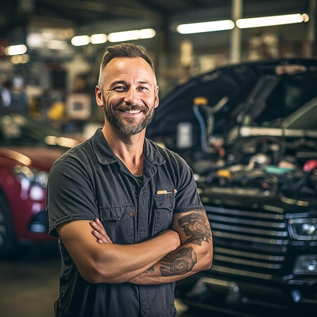 a man with a tattoo on his arm stands in front of a car with the word " on it.