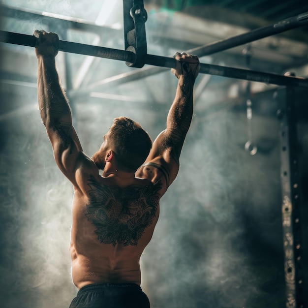 Photo a man with a tattoo on his back is lifting a barbell