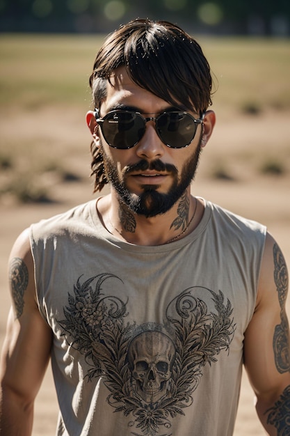 A man with a tattoo on his chest is wearing sunglasses.