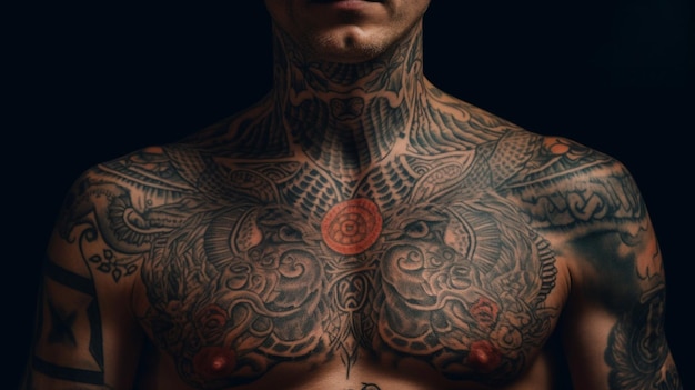 Мужчина с татуировкой на груди.