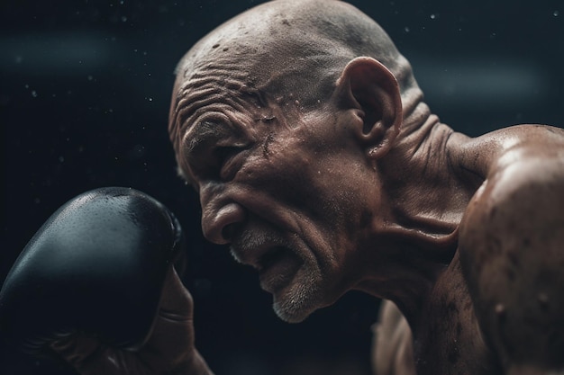 A man with a tattoo on his face is looking up at a black boxing bag.