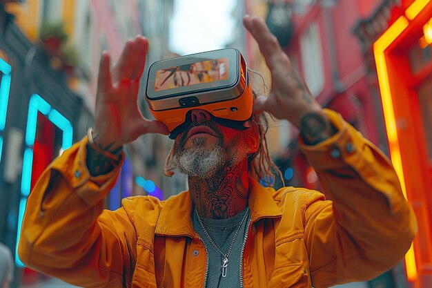 Photo man with tattoos experiencing virtual reality on a vibrant city street