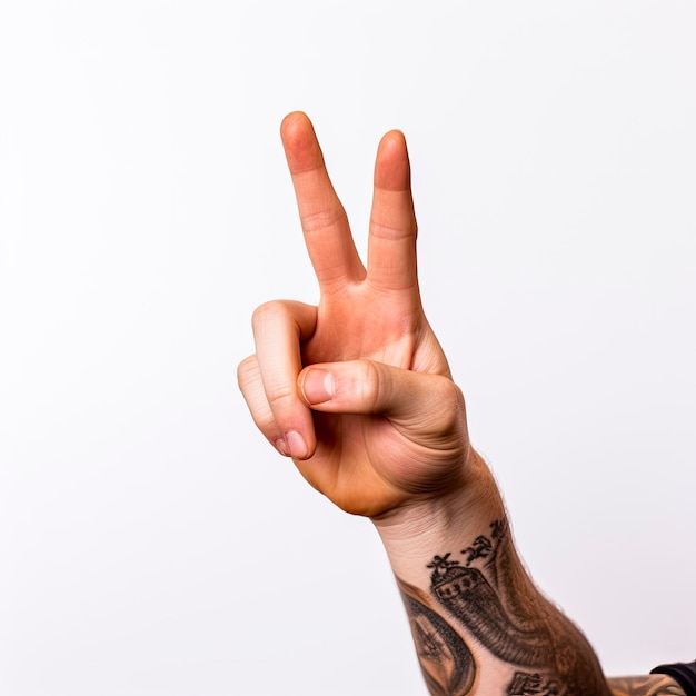 A man with tattoos on his arm is making a peace sign.