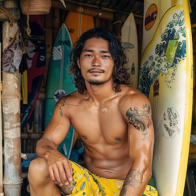 A man with tattoos on his arm sits in yellow shorts next to a surfboard