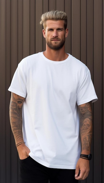 a man with tattoos on his arm and a white t - shirt