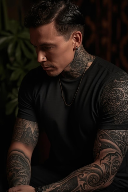 A man with tattoos on his arms looks at the camera