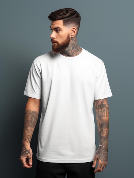 a man with tattoos on his arms and a white t - shirt