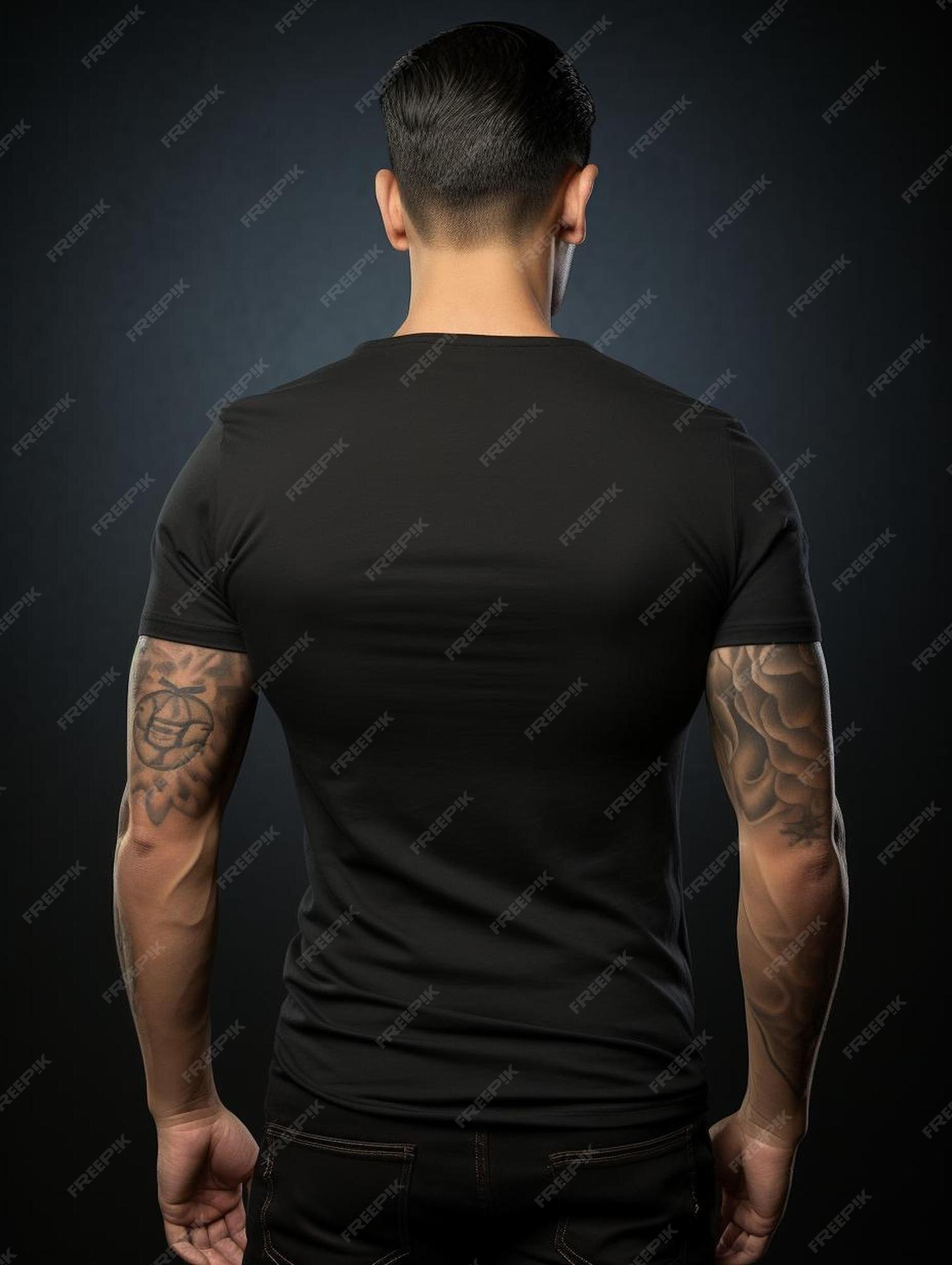 Premium AI Image | a man with tattoos on his back is wearing a black ...